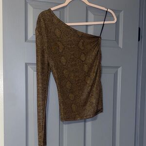 Brown Champagne Gold One-Shoulder Snake print shiny sleeve Bishop + Young Top S